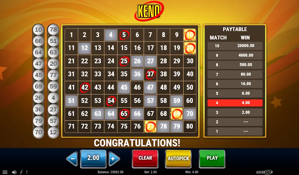 Keno Gameplay by PlaynGo Screenshot
